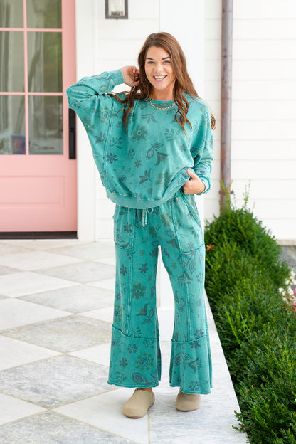 Washed Floral Print Long Sleeve Terry Pullover