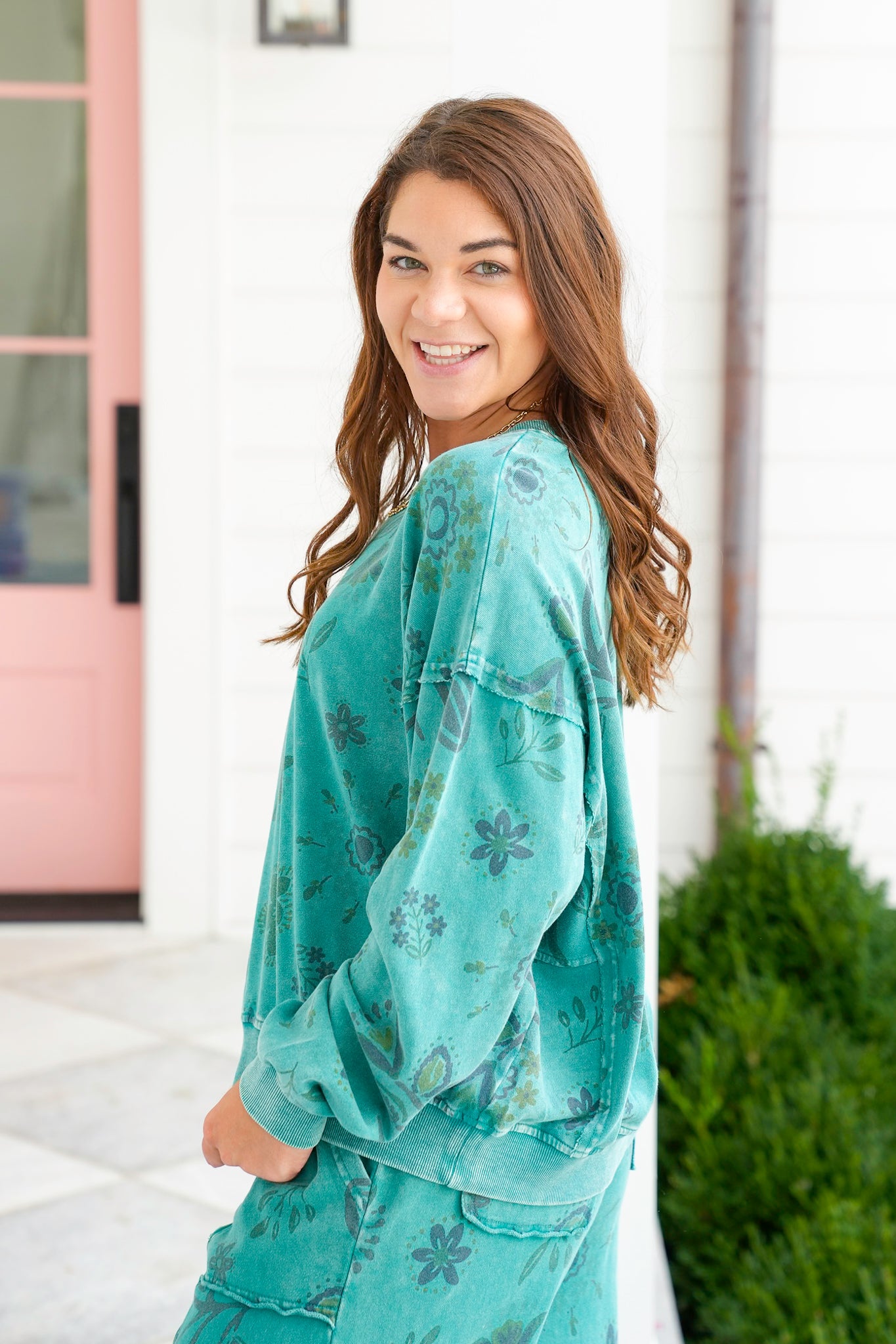 Washed Floral Print Long Sleeve Terry Pullover