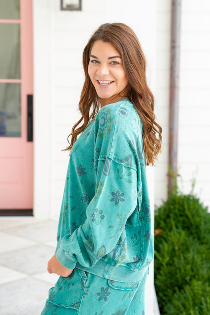 Washed Floral Print Long Sleeve Terry Pullover
