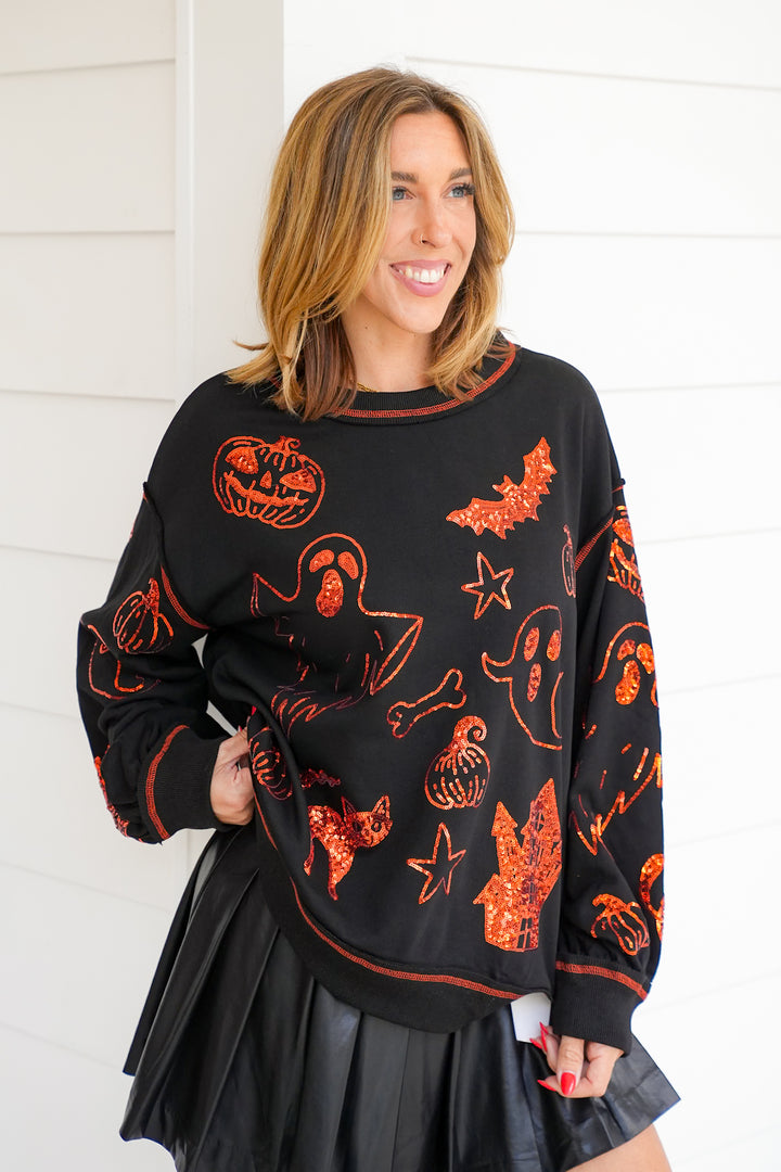 Sequin Halloween Long Sleeve Pullover Sweatshirt