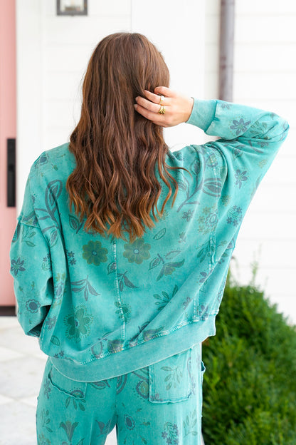 Washed Floral Print Long Sleeve Terry Pullover