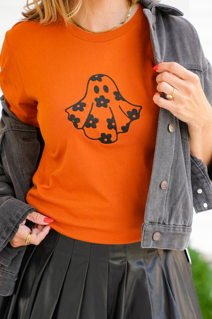 Plus/Reg Short Sleeve Embroidered Floral Ghost Graphic Tee