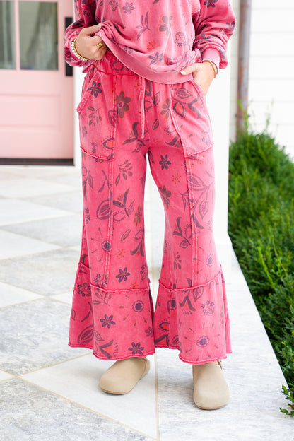 Washed Floral Print Elastic Waist Terry Pants