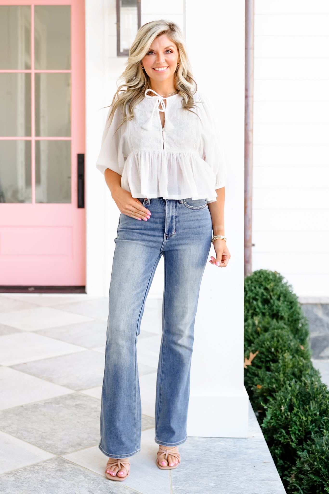 White Embroidery Half Sleeve Peplum Top