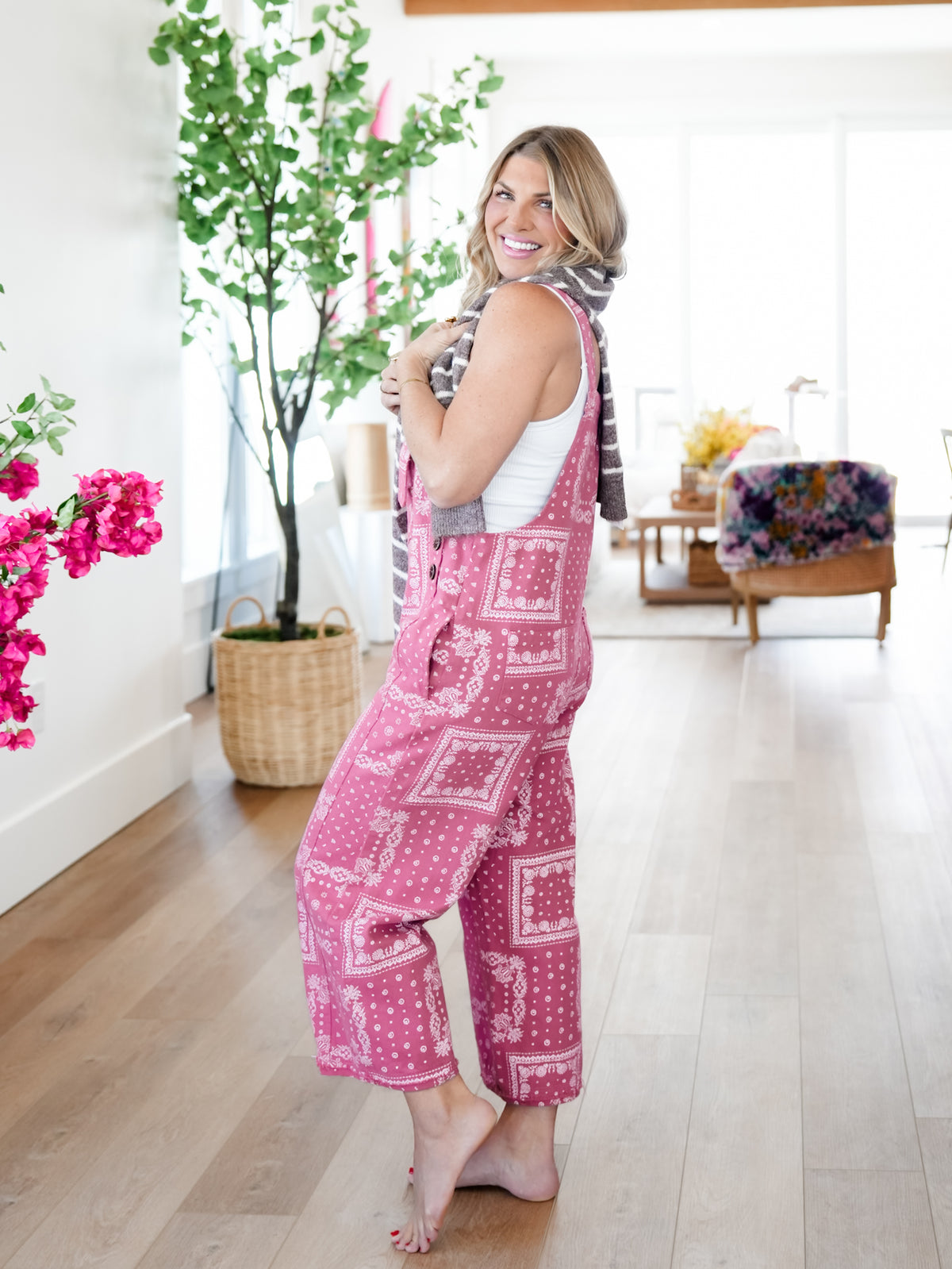 Plus/Reg Paisley Patchwork Print Twill Overalls With Shoulder Straps