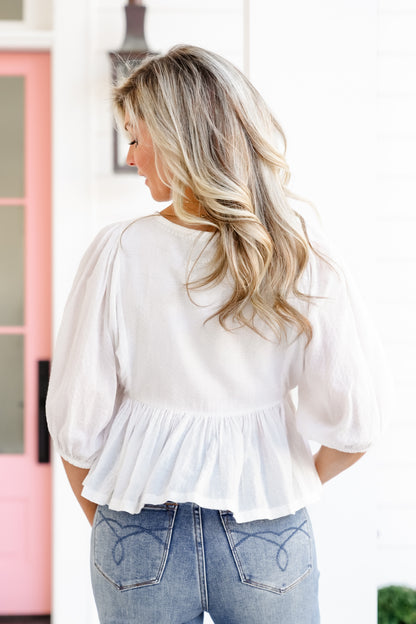 White Embroidery Half Sleeve Peplum Top