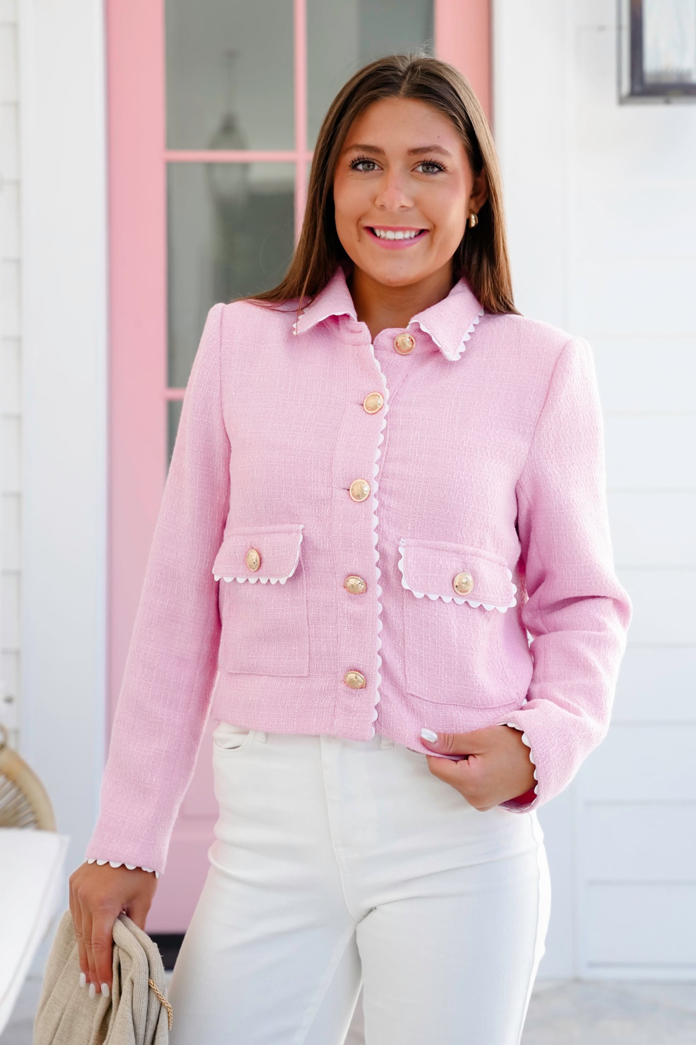 Tweed Long Sleeve Button Down Jacket with Ric Rac Trim Detail