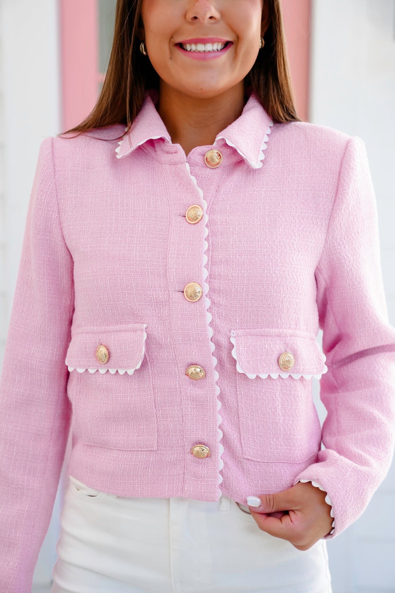 Tweed Long Sleeve Button Down Jacket with Ric Rac Trim Detail