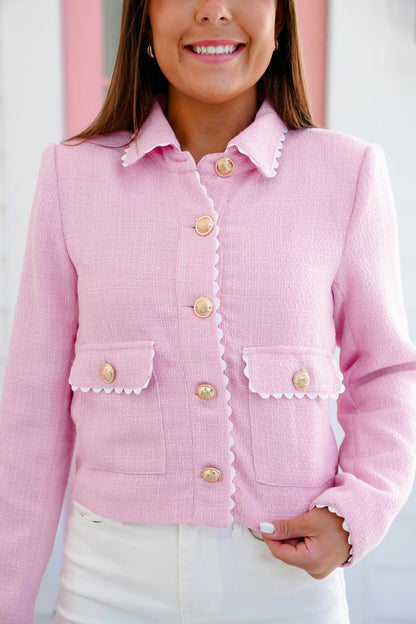 Tweed Long Sleeve Button Down Jacket with Ric Rac Trim Detail