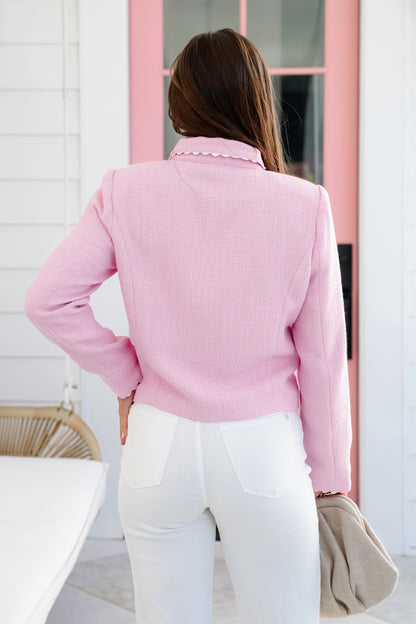 Tweed Long Sleeve Button Down Jacket with Ric Rac Trim Detail