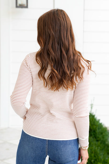 Pinstripe Long Sleeve Mock Neck Pullover Top