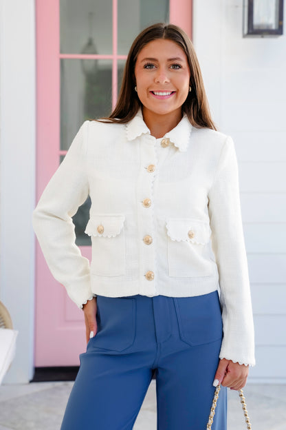 Tweed Long Sleeve Button Down Jacket with Ric Rac Trim Detail