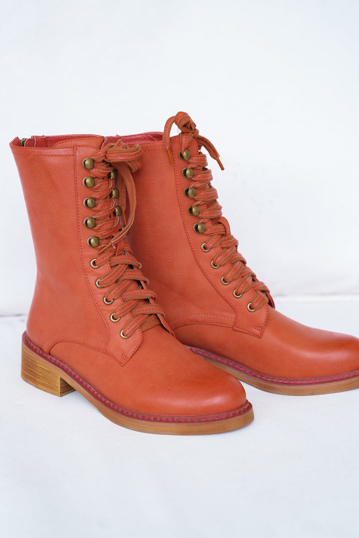 Cognac Lace Up Ankle Combat Vegan Leather Boots with Zipper