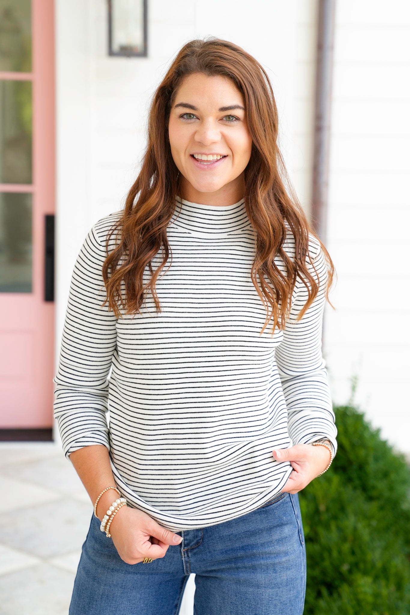 Pinstripe Long Sleeve Mock Neck Pullover Top