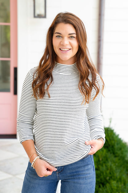 Pinstripe Long Sleeve Mock Neck Pullover Top