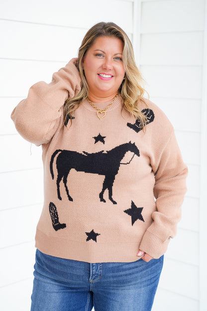 Horse Print Long Sleeve Pullover Sweater