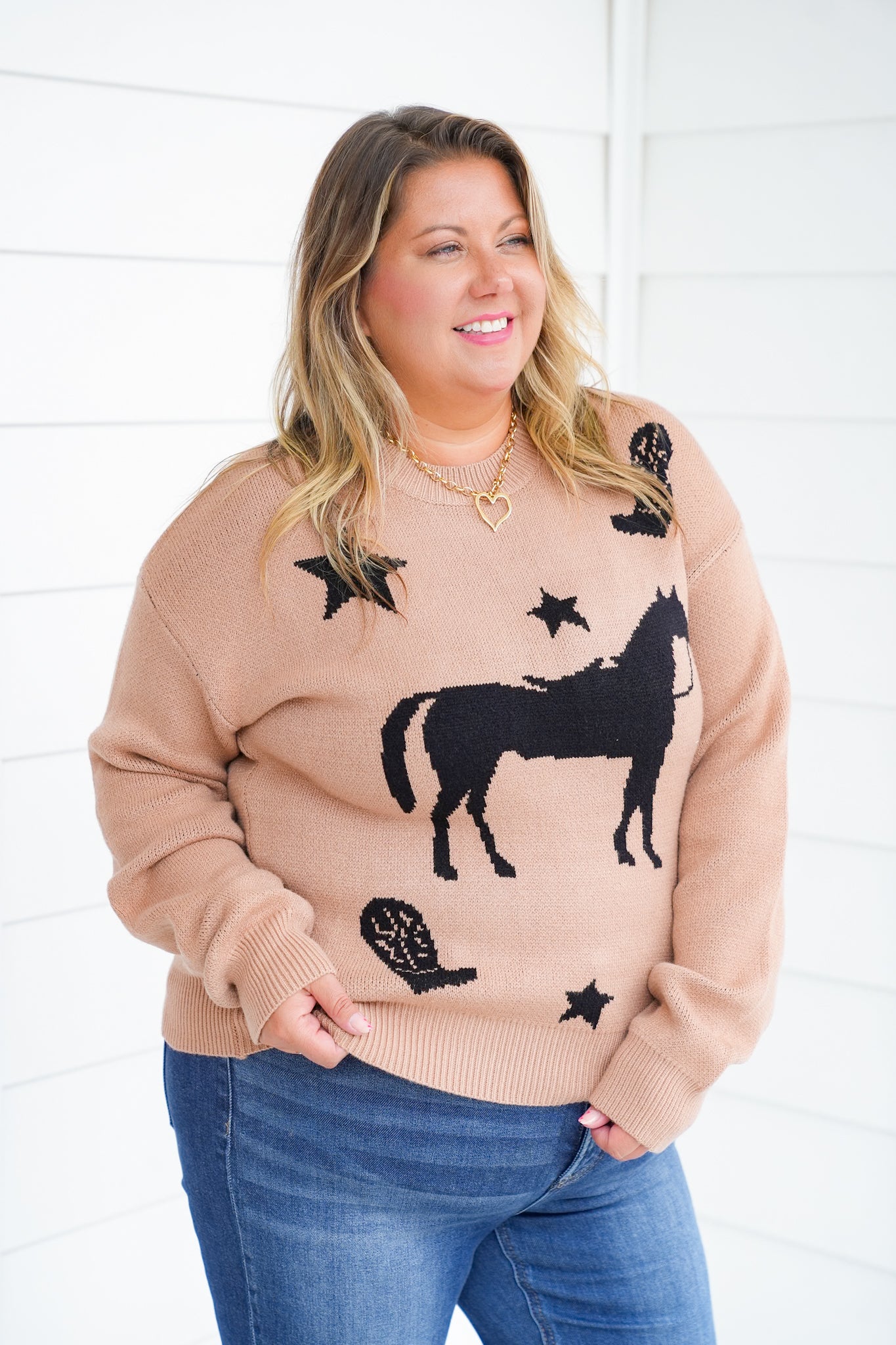 Horse Print Long Sleeve Pullover Sweater