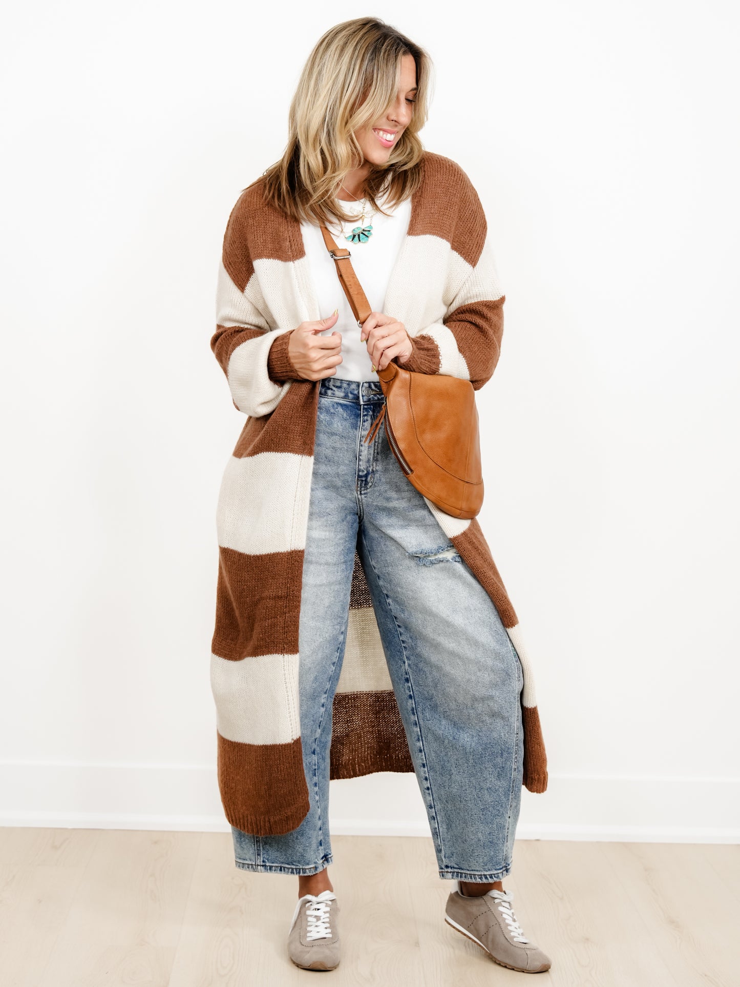 Wide Stripe Long Sleeve Open Front Long Cardigan