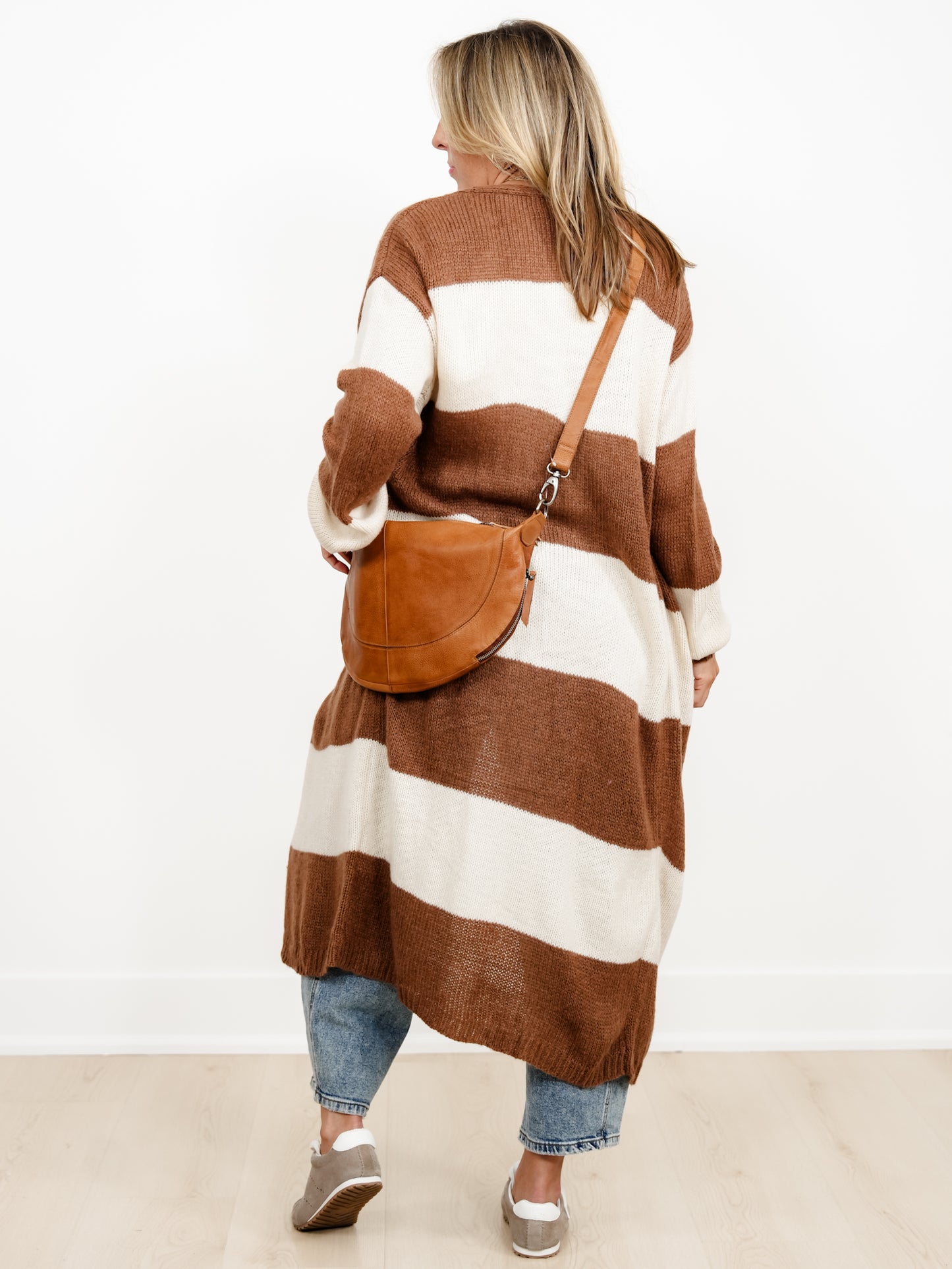 Wide Stripe Long Sleeve Open Front Long Cardigan