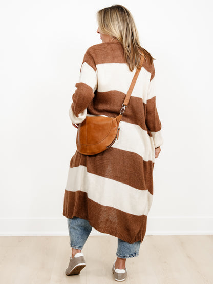 Wide Stripe Long Sleeve Open Front Long Cardigan