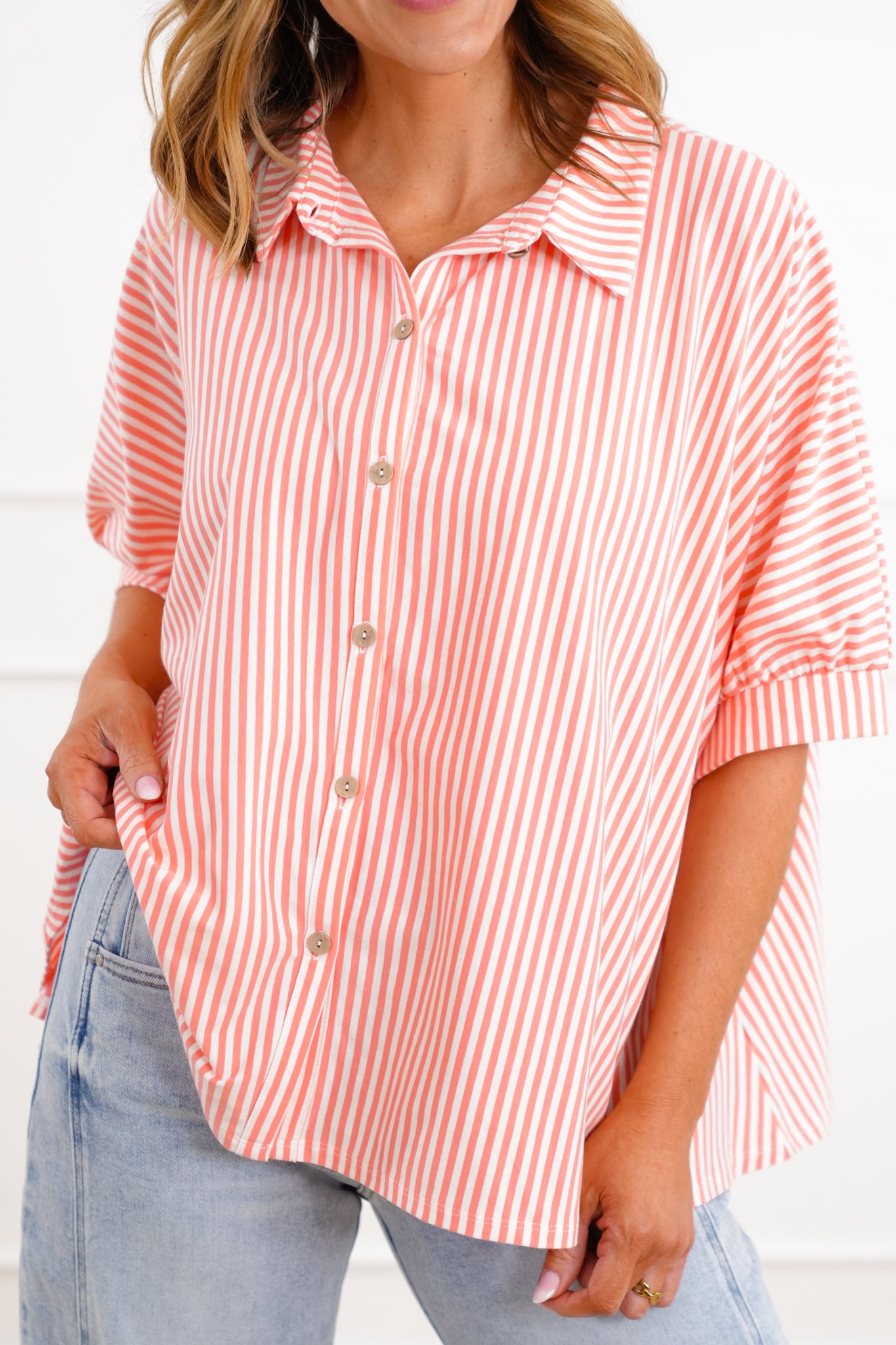 Door Buster! Zenana Oversized Stripe Button Down Shirts