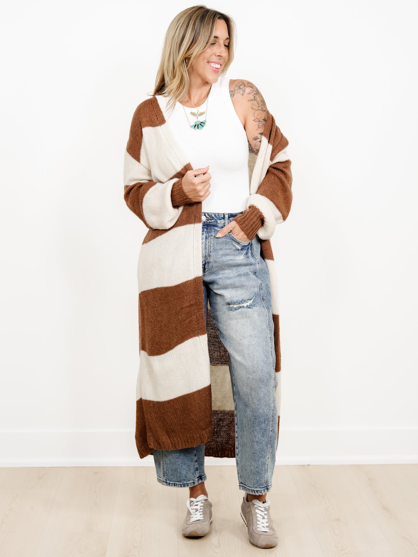 Wide Stripe Long Sleeve Open Front Long Cardigan