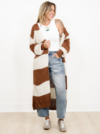 Wide Stripe Long Sleeve Open Front Long Cardigan