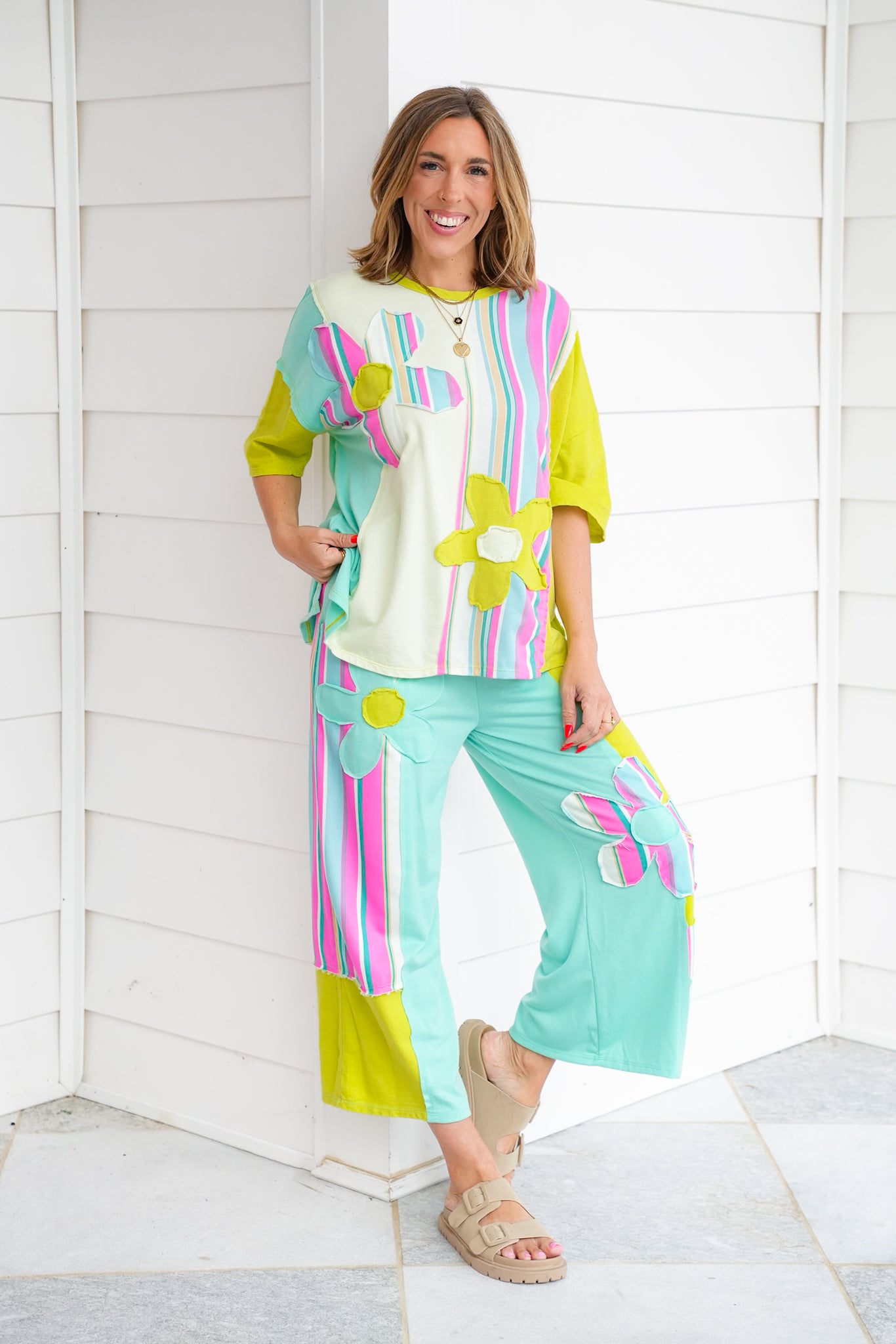 Stripe Flower Patch Short Sleeve Top