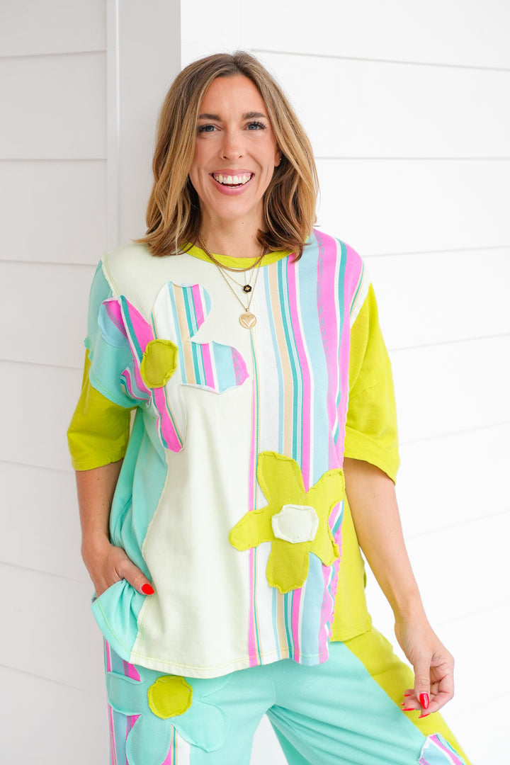 Stripe Flower Patch Short Sleeve Top