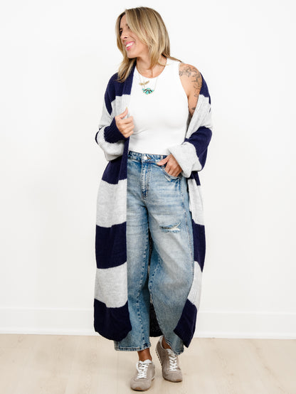 Wide Stripe Long Sleeve Open Front Long Cardigan