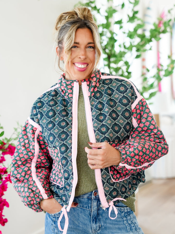 Plus/Reg Quilted Patchwork Long Sleeve Zip Up Jacket - Freckled Poppy