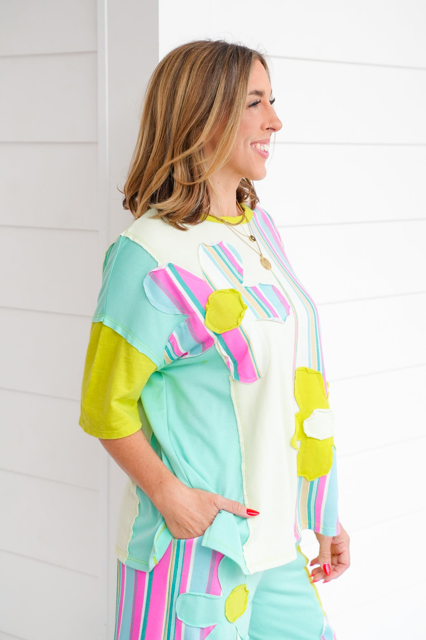Stripe Flower Patch Short Sleeve Top