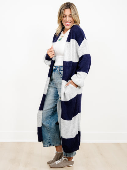 Wide Stripe Long Sleeve Open Front Long Cardigan