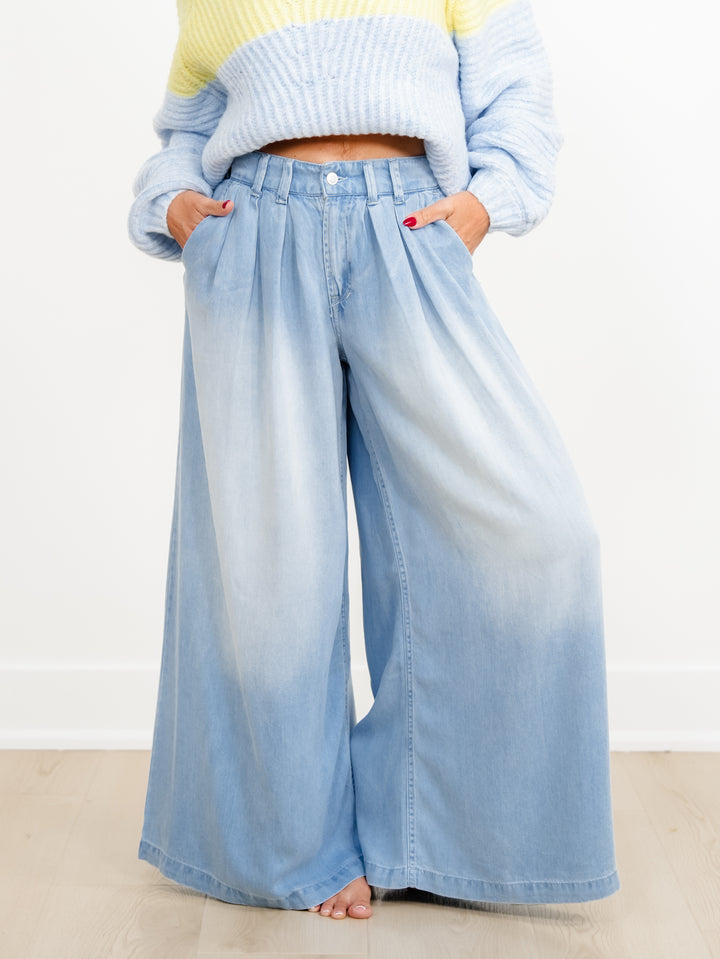 Light Wash Wide Leg Pleated Pants - Freckled Poppy