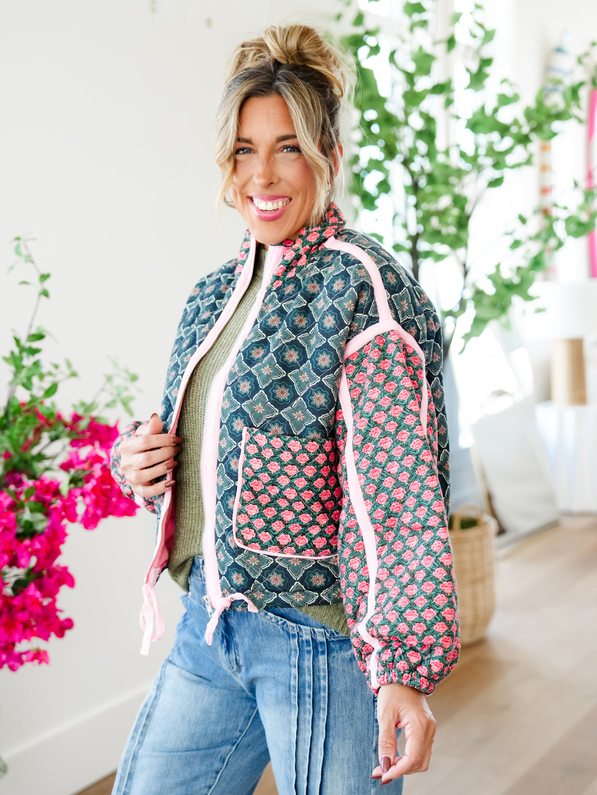 Plus/Reg Quilted Patchwork Long Sleeve Zip Up Jacket