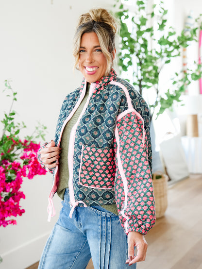 Plus/Reg Quilted Patchwork Long Sleeve Zip Up Jacket