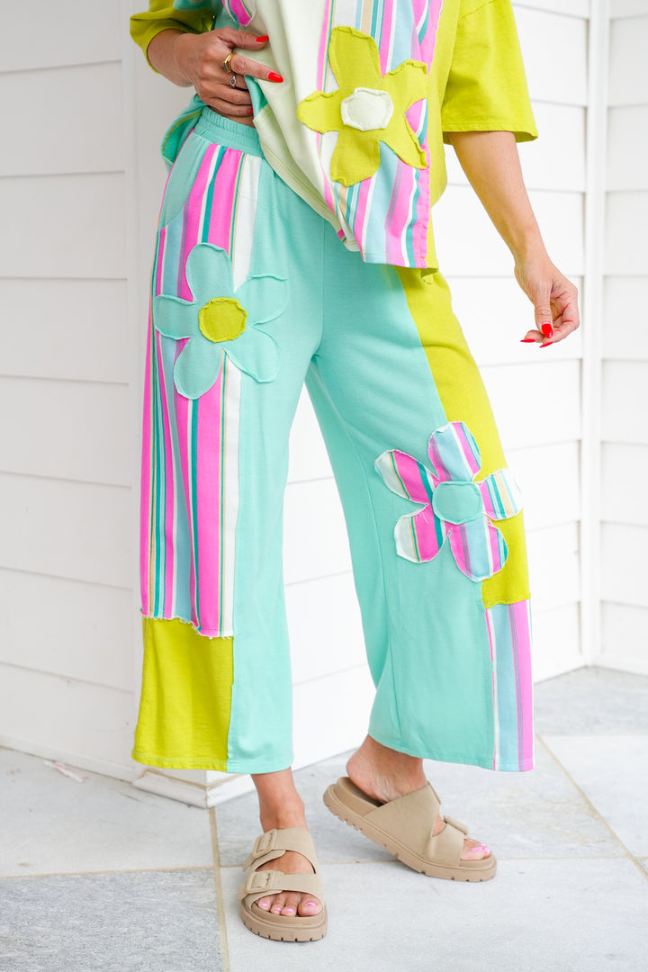 Stripe Flower Patch Elastic Waist Pants