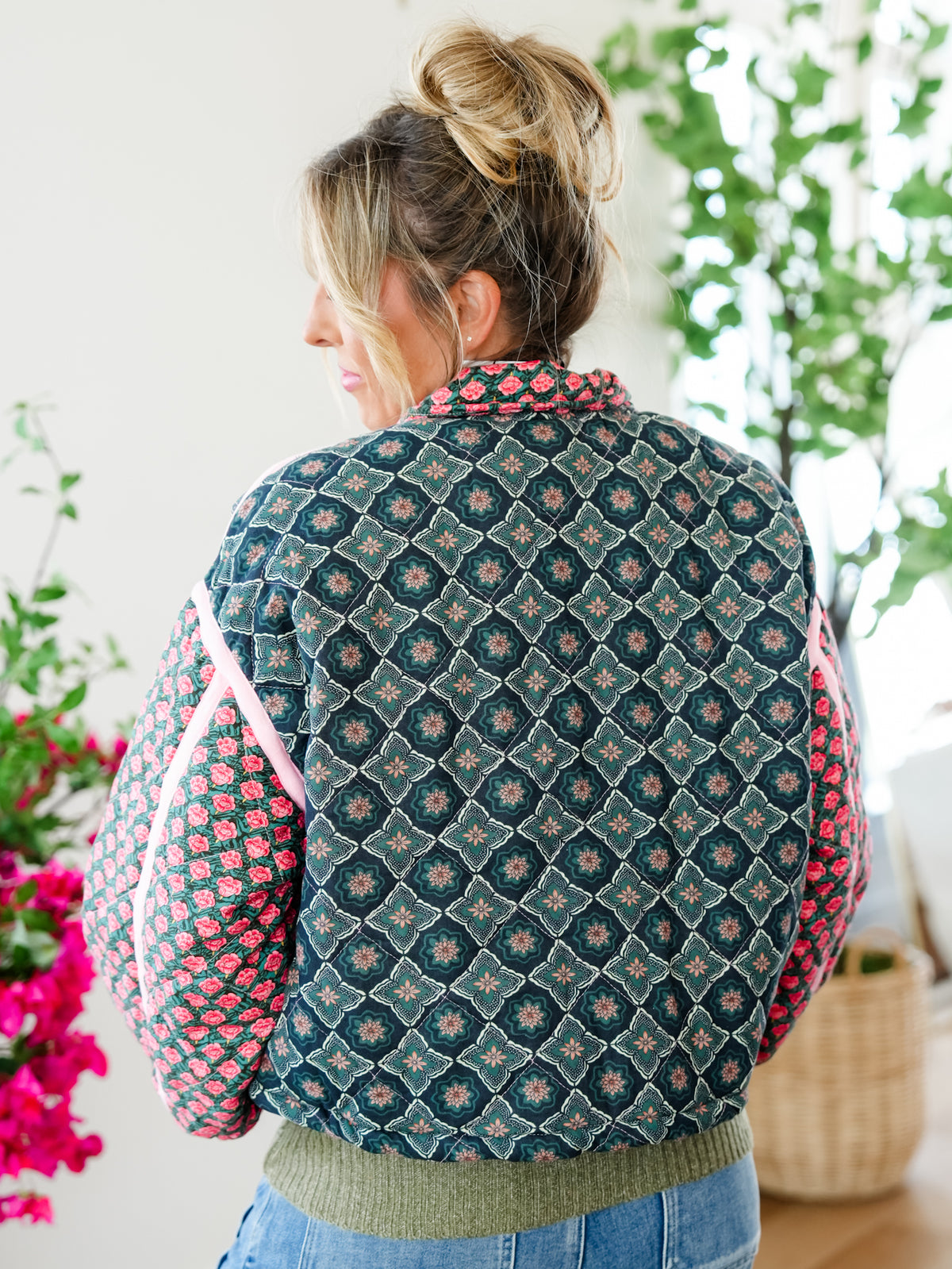 Plus/Reg Quilted Patchwork Long Sleeve Zip Up Jacket