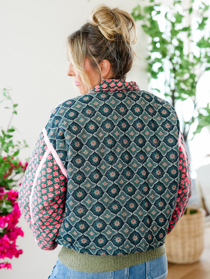 Plus/Reg Quilted Patchwork Long Sleeve Zip Up Jacket