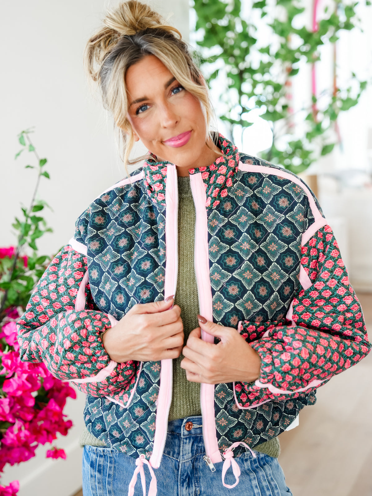 Plus/Reg Quilted Patchwork Long Sleeve Zip Up Jacket