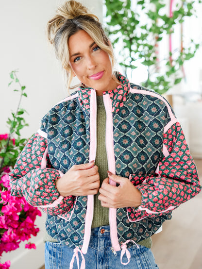 Plus/Reg Quilted Patchwork Long Sleeve Zip Up Jacket