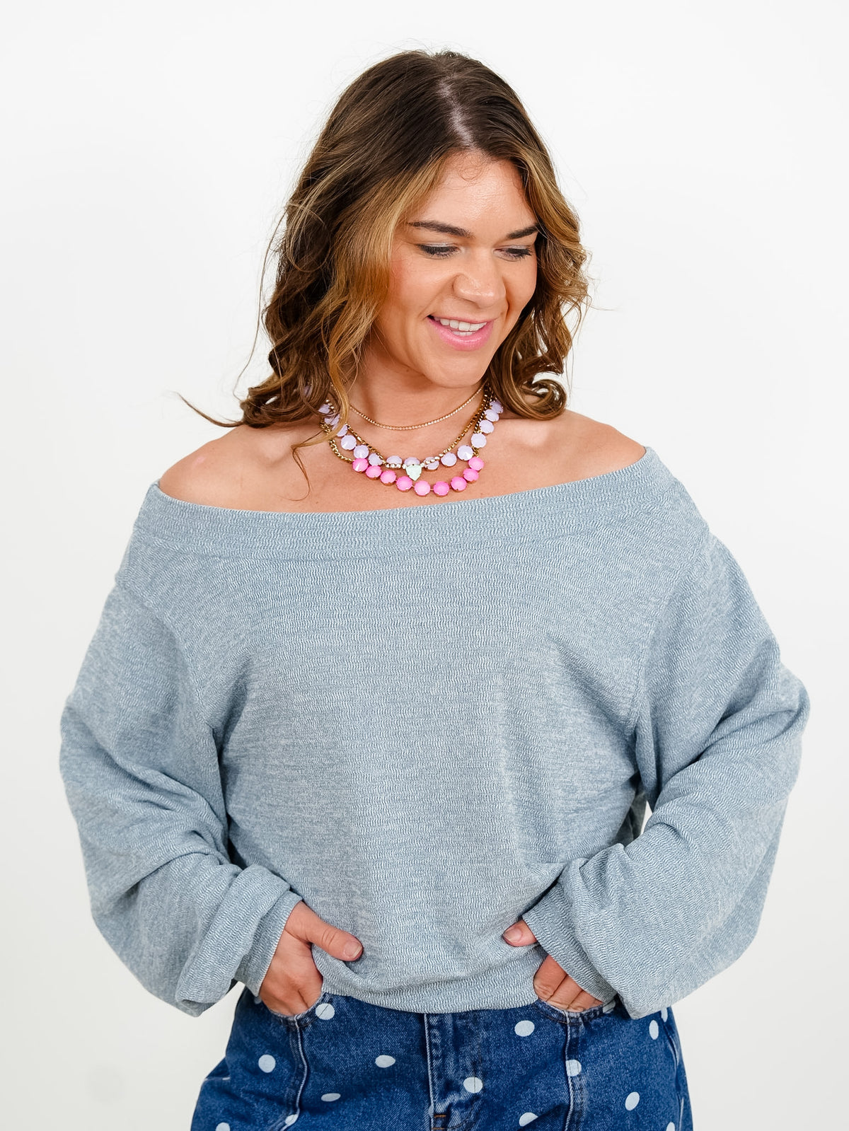 Door Buster! Knit Long Sleeve Off Shoulder Top - Freckled Poppy