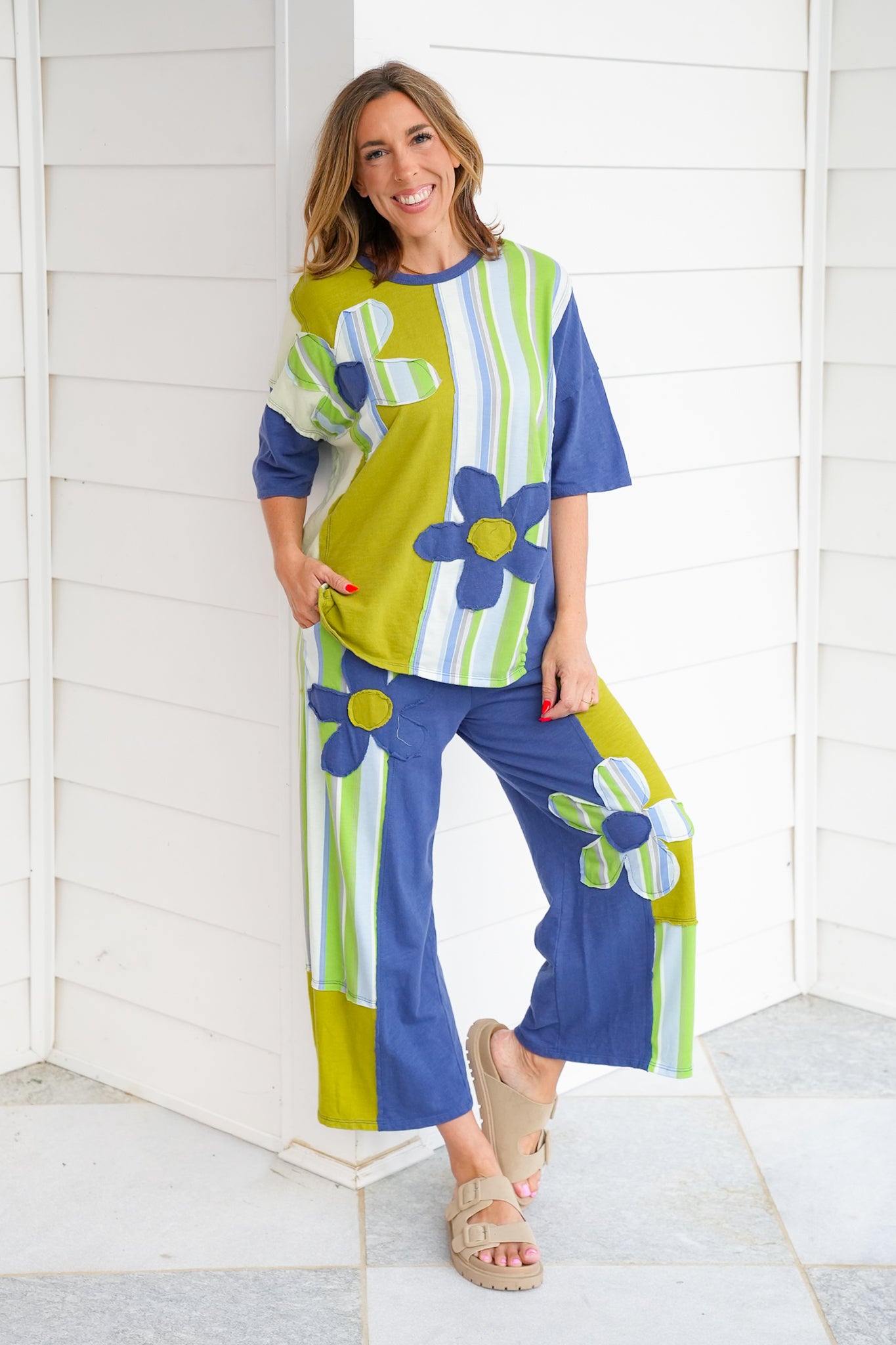 Stripe Flower Patch Short Sleeve Top