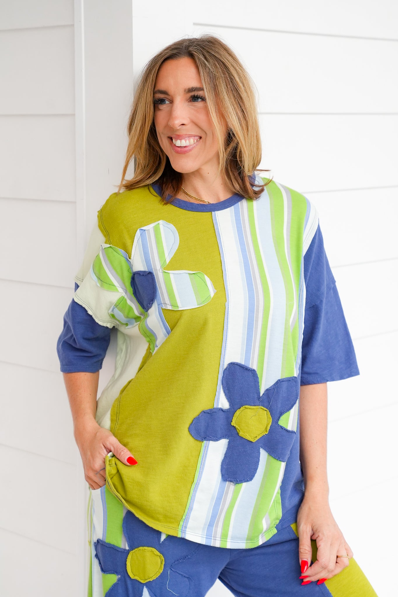 Stripe Flower Patch Short Sleeve Top