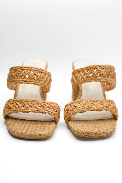 Woven Raffia Double Band Mule Sandal with Block Heel