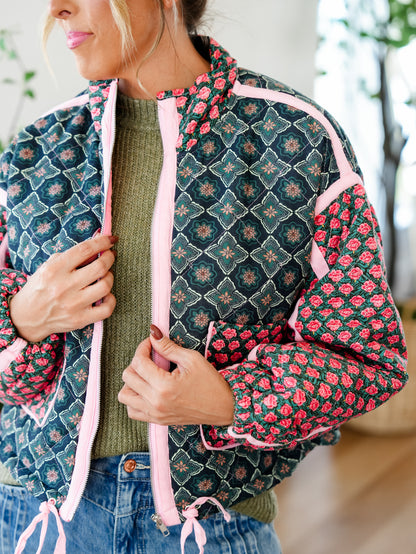 Plus/Reg Quilted Patchwork Long Sleeve Zip Up Jacket