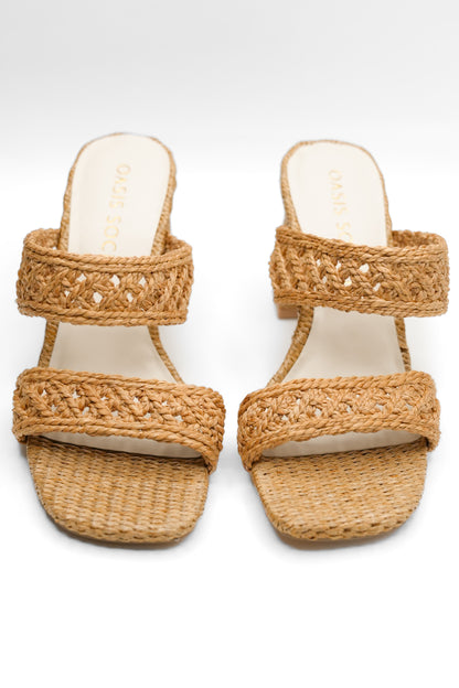 Woven Raffia Double Band Mule Sandal with Block Heel