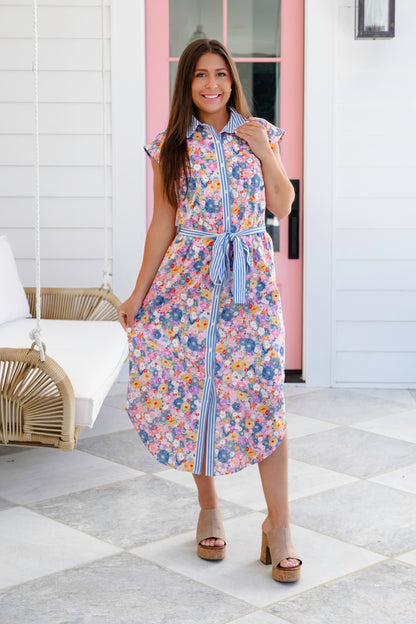 Floral Sleeveless Button Down Midi Dress with Stripe Detail