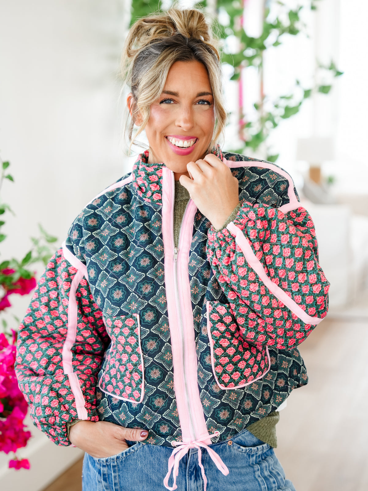 Plus/Reg Quilted Patchwork Long Sleeve Zip Up Jacket