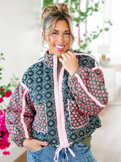 Plus/Reg Quilted Patchwork Long Sleeve Zip Up Jacket